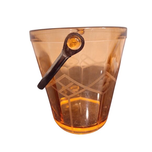 Art Deco Pink Etched Glass Ice Bucket Diamond Floral Pattern VTG Barware Metal - Picture 2 of 10